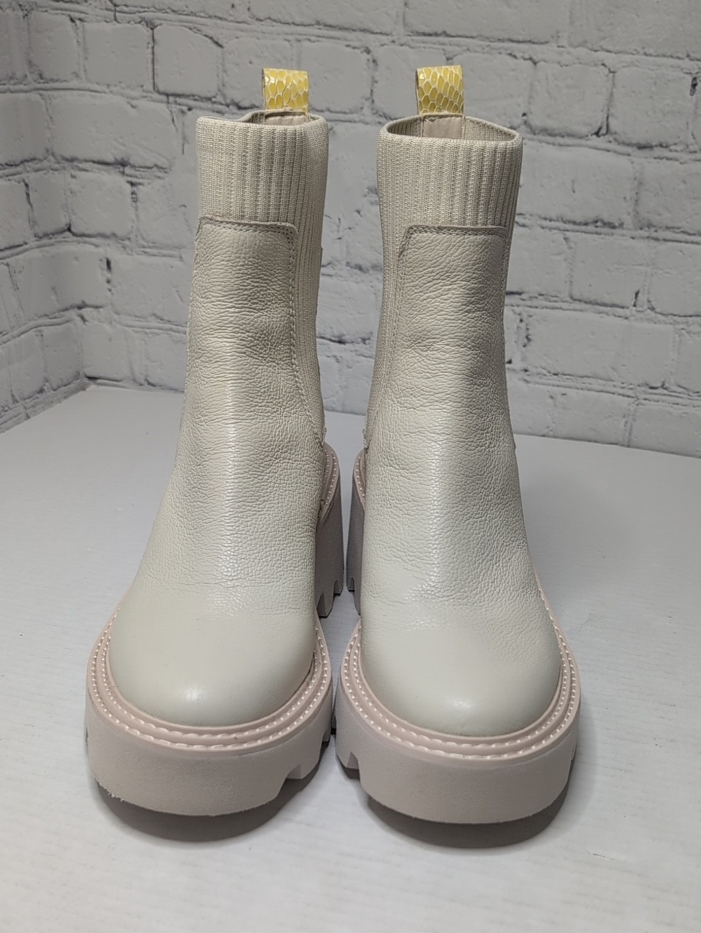 Dolce Vita Hoven H2O Platform Lug Chelesa Sock Booties Cream Leather - Picture 2 of 8